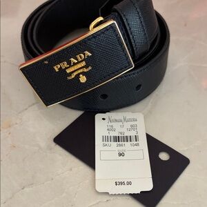 Prada Black Textured Belt with Gold Buckle